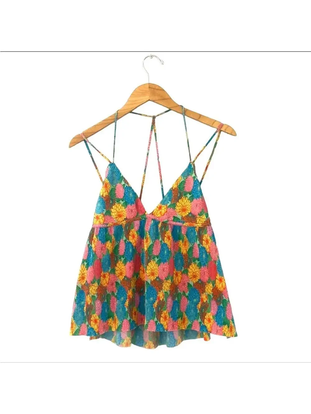 Zara Bright Floral Camisole Top Blue Orange Multi Color Strappy Cami Small - Picture 3 of 9